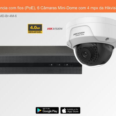 Sistema de videovigilância Hikvision com gravador preto e câmara Mini-Dome branca