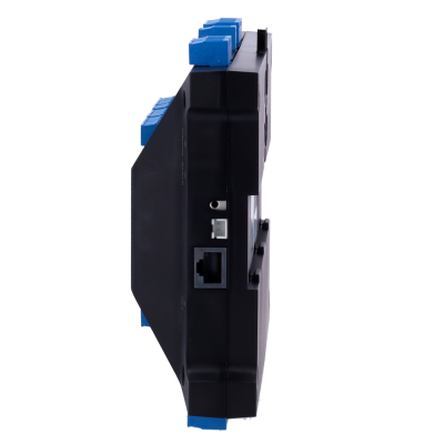 Módulo eletrônico preto com conectores azuis e porta RJ45 lateral