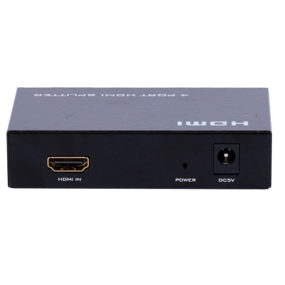 Divisor HDMI preto com quatro portas e etiquetas HDMI IN, POWER, DC5V
