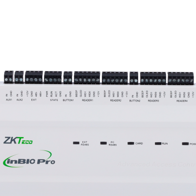 Unidade eletrónica branca ZKTEco inBIO Pro com conectores pretos para controlo de acesso