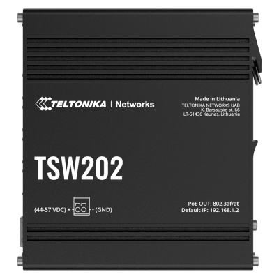 Dispositivo preto Teltonika TSW202 com texto branco e ranhuras horizontais