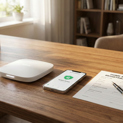 Dispositivo de segurança doméstica branco ao lado de telemóvel e formulário de registo sobre mesa de madeira