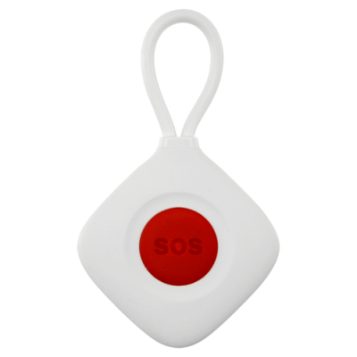 Botão SOS de emergência branco e vermelho com cordão elástico