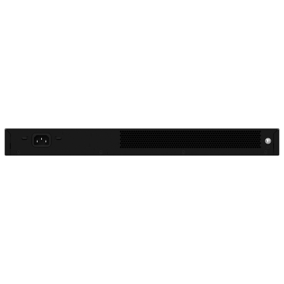 Equipamento electrónico preto com entrada de alimentação e grelha de ventilação