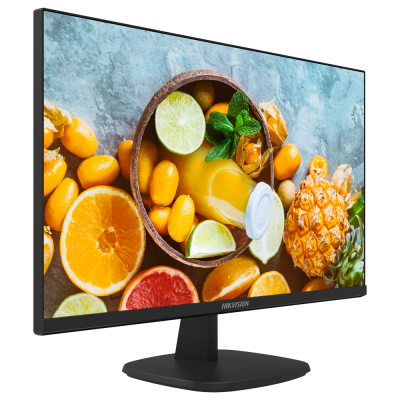 Monitor preto com imagem de frutas cítricas e sumo no ecrã.