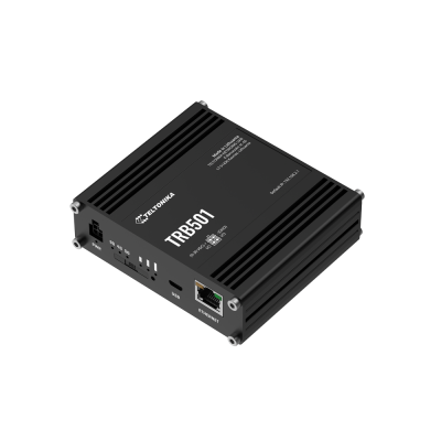 Dispositivo eletrónico preto Teltonika TRB501 com portas USB e Ethernet