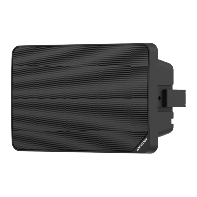 Coluna de som preta com grelha na frente e marca HIKVISION