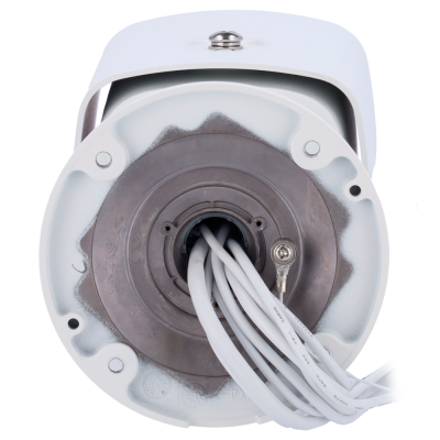 Câmera de vigilância branca com cabo branco múltiplo saindo da base circular