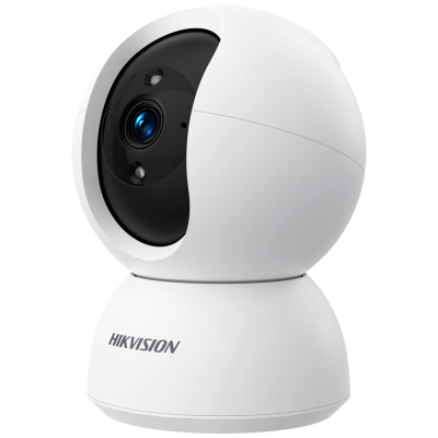 Câmara de vigilância esférica branca com lente preta e logo HIKVISION