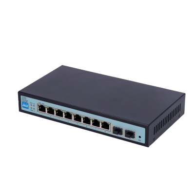 Comutador de rede Ethernet preto com 8 portas RJ45 e 2 portas SFP