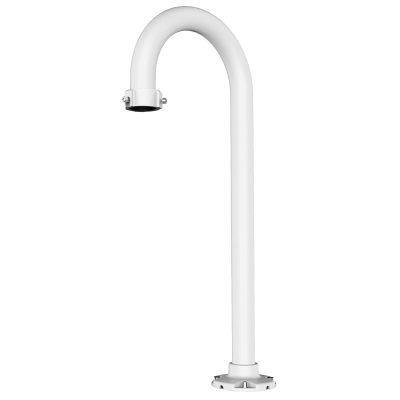 Torneira de jardim branca tubular curva com elementos metálicos prateados