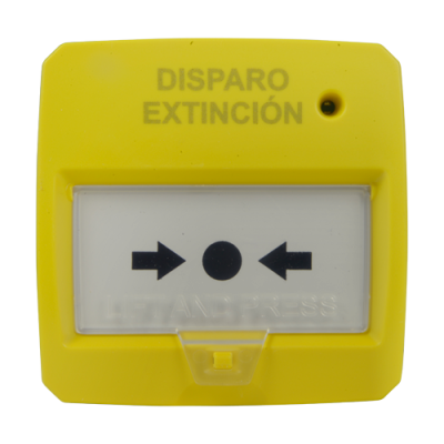 Dispositivo de disparo de extinção amarelo com botão de pressão branco com setas pretas