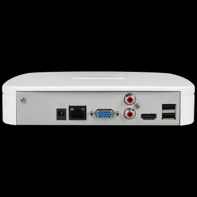 Dispositivo eletrónico branco com várias portas traseiras incluindo VGA, HDMI, USB e Ethernet