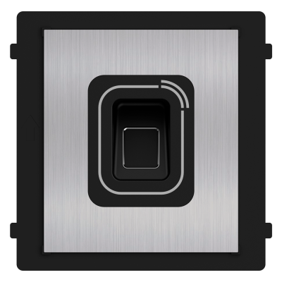 Interruptor elétrico quadrado prateado com botão preto central e detalhes curvos
