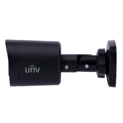 Câmara de segurança preta com suporte ajustável e logo UNV