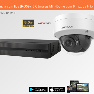 Sistema de Videovigilância com câmaras Mini-Dome brancas e gravador preto da Hikvision