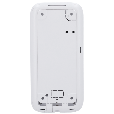 Parte traseira de dispositivo eletrónico branco com suportes e linhas pontilhadas