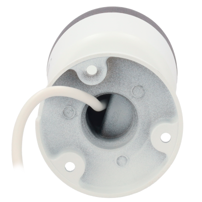 Base inferior de produto tecnológico redondo branco e cinza com cabo branco inserido