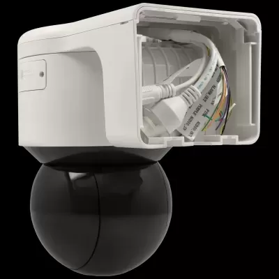 Câmara de segurança branca e preta com fios expostos no compartimento aberto