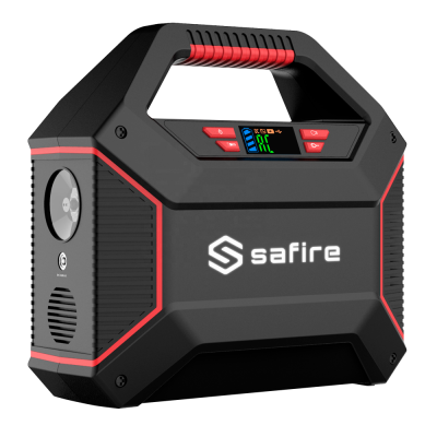 Carregador portátil Safire preto com detalhes vermelhos e ecrã digital