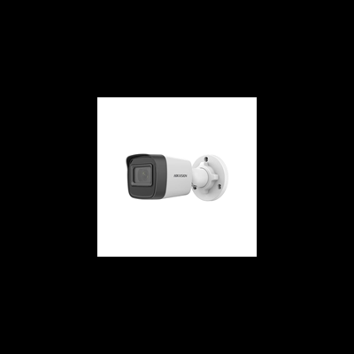 Câmara de videovigilância branca e preta da marca HIKVISION com suporte
