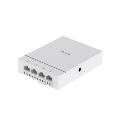 Dispositivo de rede branco RAUPE com quatro portas Ethernet e entrada de alimentação