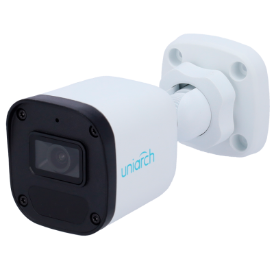 Câmara de vigilância branca com lente preta e suporte de montagem branco