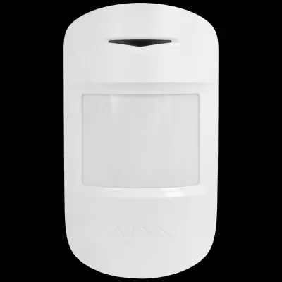 Sensor de movimento branco com lente translúcida e marca AJAX