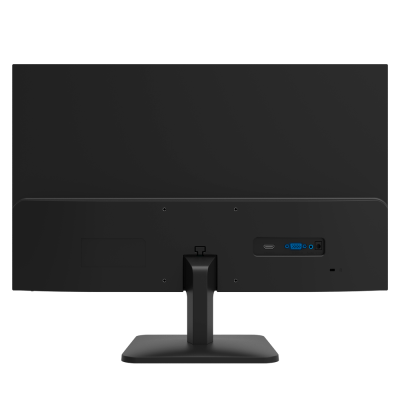 Monitor preto visto de trás com base retangular e portas de conexão.