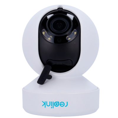 Câmara de vigilância branca com lente preta e luzes LED.