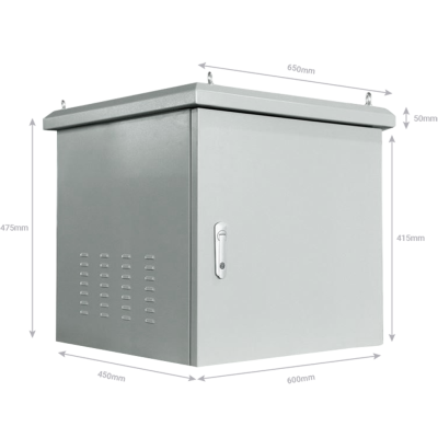 Arca metálica cinzenta com porta e fecho prateado, medidas indicadas em milímetros