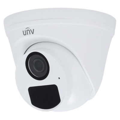 Câmara de segurança de teto branca com lente preta e marca UNV