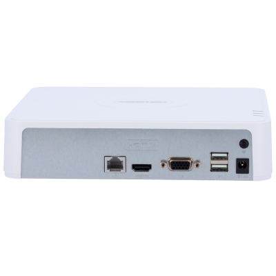 Painel traseiro de dispositivo eletrónico branco com várias portas e texto HDMI, VGA, USB, 18V