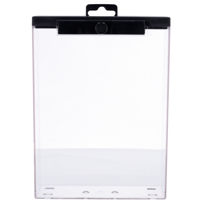 Prancheta transparente com mola preta e orifício para pendurar