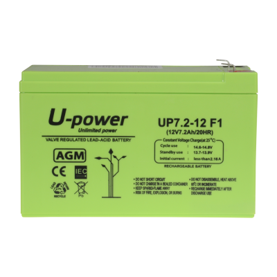 Bateria verde U-power modelo UP7.2-12 F1 com marcações técnicas e instruções.