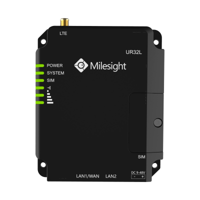Dispositivo preto Milesight UR32L com LEDs verdes e conectores LAN e SIM