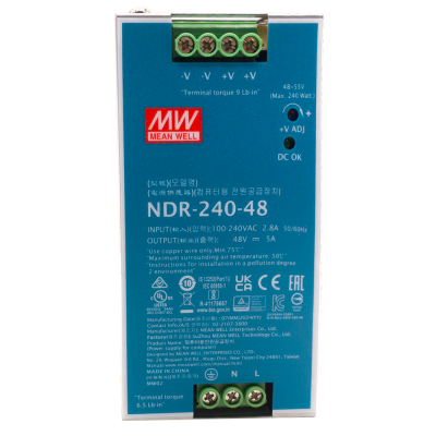 Fonte de alimentação Mean Well NDR-240-48 azul com conectores verdes