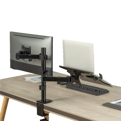 Suporte de mesa preto com monitor e portátil em escritório moderno