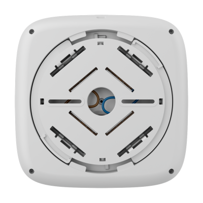 Suporte base dispositivo elétrico branco com fiação azul e castanha interna
