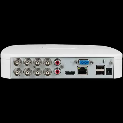 Dispositivo eletrónico branco com várias portas de conexão e etiquetas numeradas