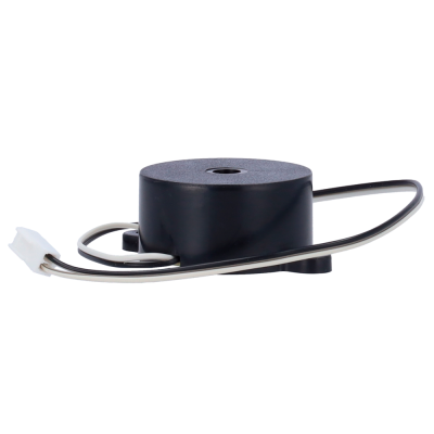 Bobina eletromagnética preta cilíndrica com fios e conector