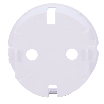 Tampa branca redonda em plástico com orifícios e texto em relevo