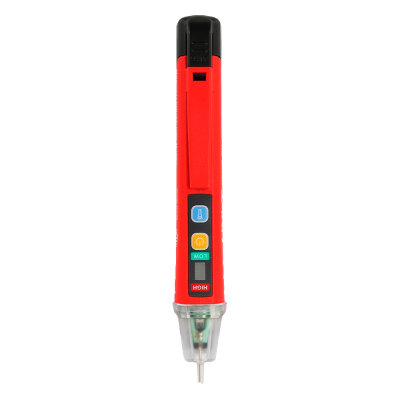 Caneta de teste digital vermelha com botões coloridos e ponta metálica