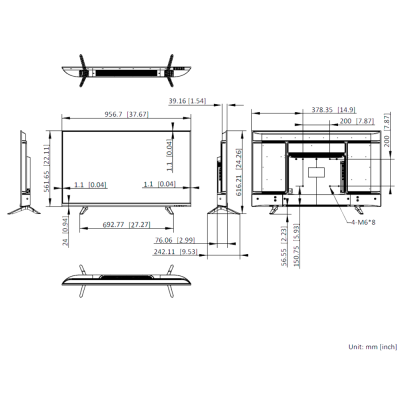 Desenho técnico em linhas pretas de suporte de TV com dimensões em mm e polegadas
