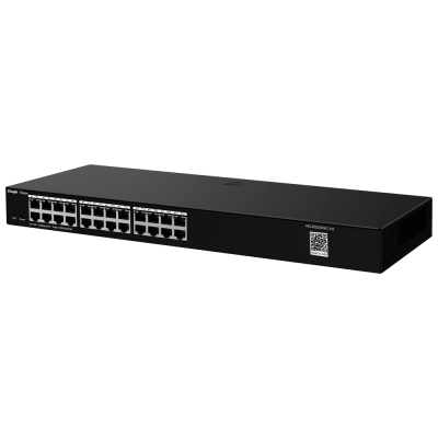 Comutador de rede Ethernet preto com 24 portas e código QR