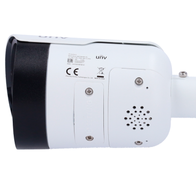 Câmara IP de segurança branca e preta da marca UNV com etiqueta e parafusos