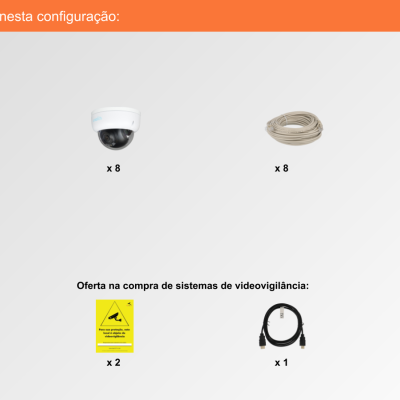 Componentes do sistema de videovigilância com caixas, câmaras, cabos, sinais e rato, texto 'Componentes incluídos nesta configuração:'