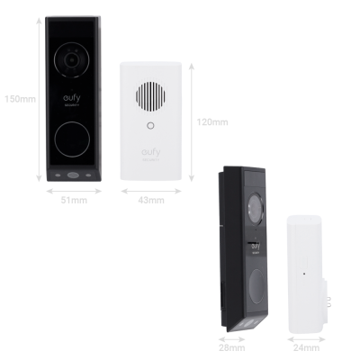 Vídeo porteiro preto com receptor branco e medidas