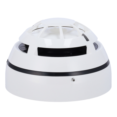 Detector de fumo branco com detalhes em preto e design cónico