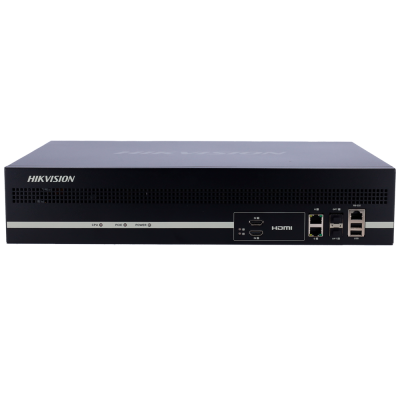 Equipamento eletrônico preto HIKVISION retangular com portas HDMI, USB e Ethernet.